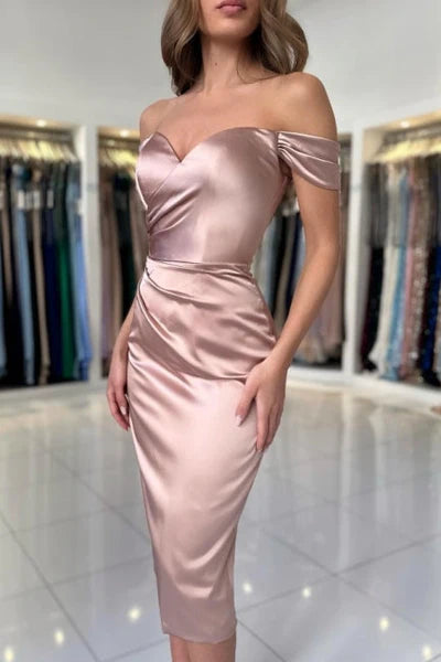 Weitese Dress Simple Sweetheart Off-the-Shoulder Cap Sleeve Column Satin Evening Dress With Pleated Prom Dress